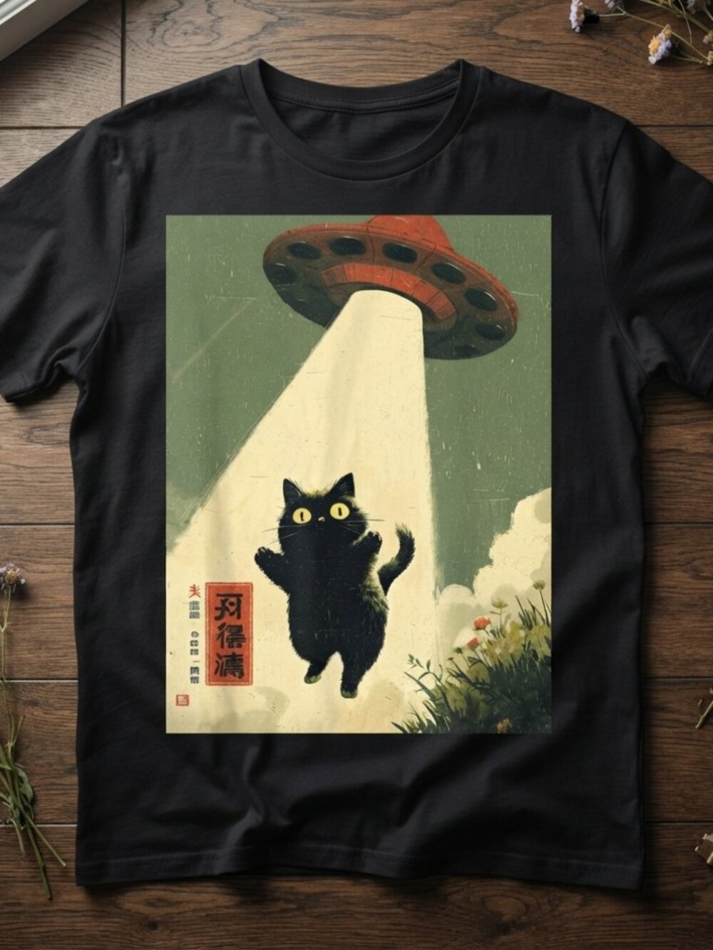 Black Cat UFO Abduction Vintage Graphic Black T-Shirt